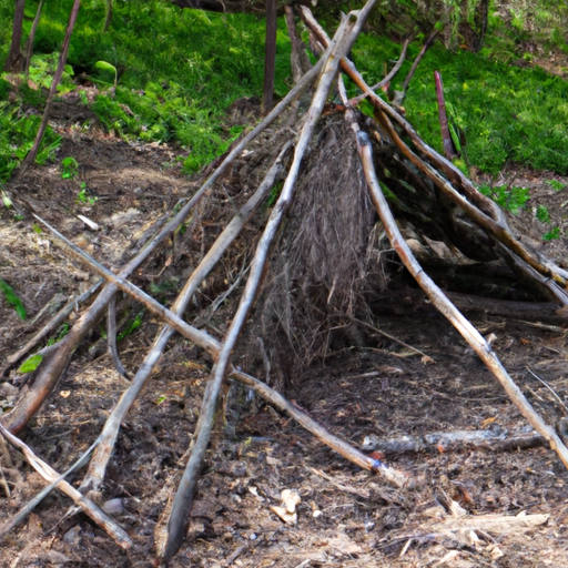 A makeshift shelter built in the wilderness using natural materials for survival purposes.